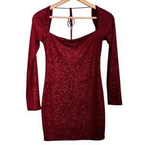 Lucy in the Sky Mini Dress Womens Medium Burgundy Glitter Long Sleeve Bodycon